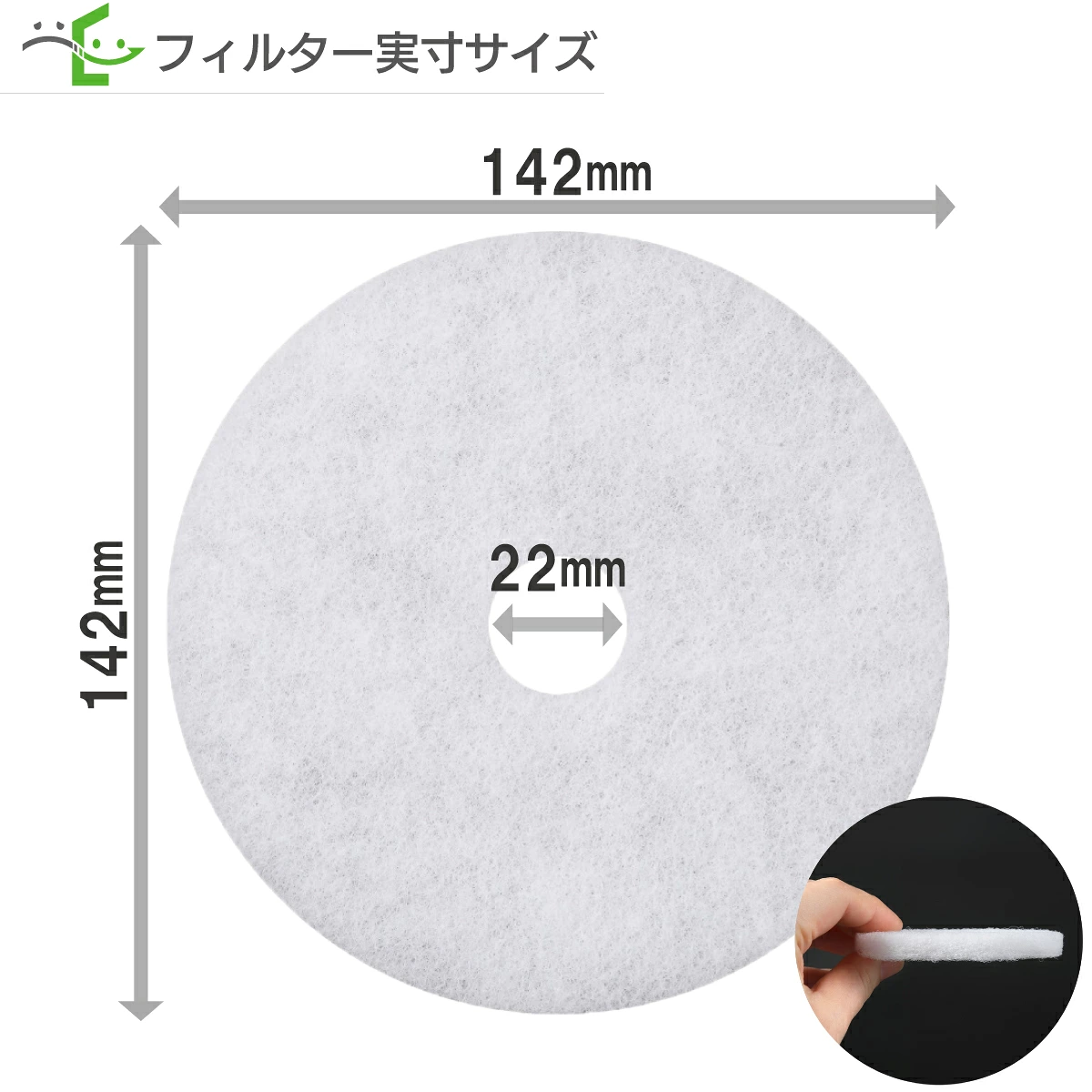 外径142mm・中央穴22mmの実寸図。側面写真付き。