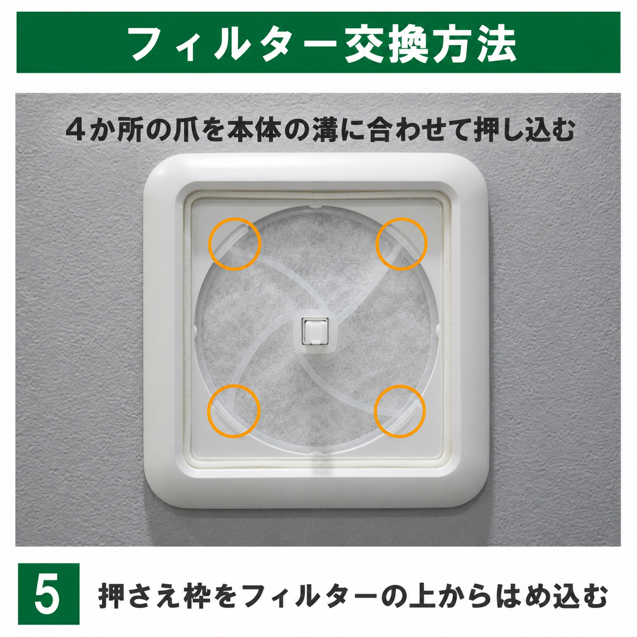 KRP150の枠別フィルターに、リニューアル後の当社専用押さえ枠を装着した状態。周囲4か所の固定部を示しています。