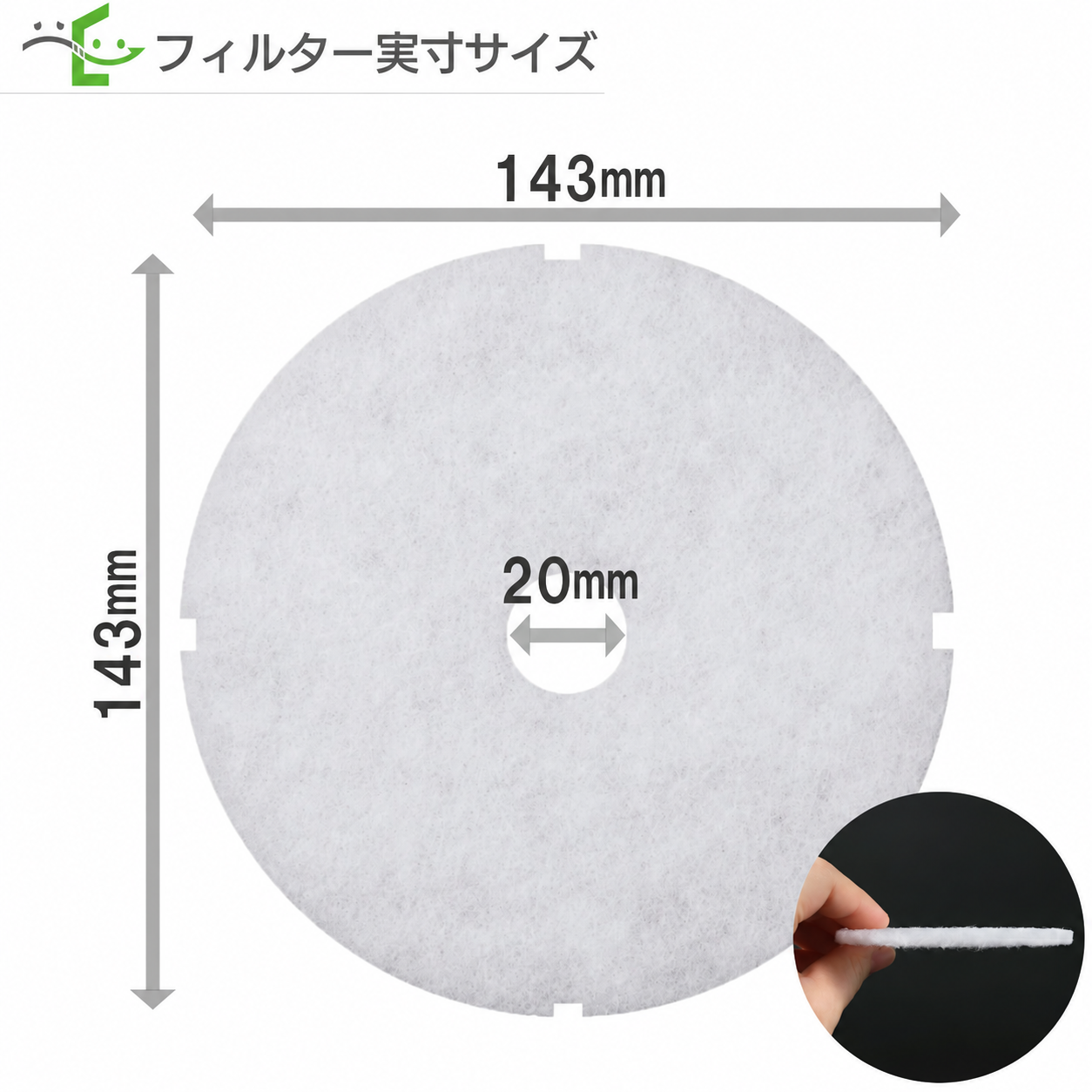 フィルター実寸:外径143mm・中央の穴径20mm。右下は側面写真。