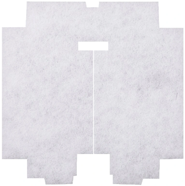 外形148×151mmの異形交換用互換フィルター。切り欠き・中央の開口と切り込みがある白い不織布。
