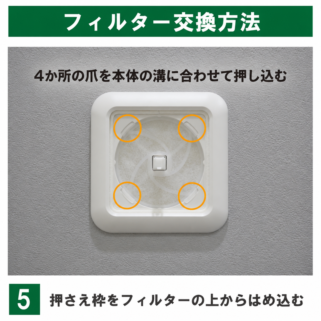 KRP100の枠別フィルターに、リニューアル後の当社専用押さえ枠を装着した状態。周囲4か所の固定部を示しています。