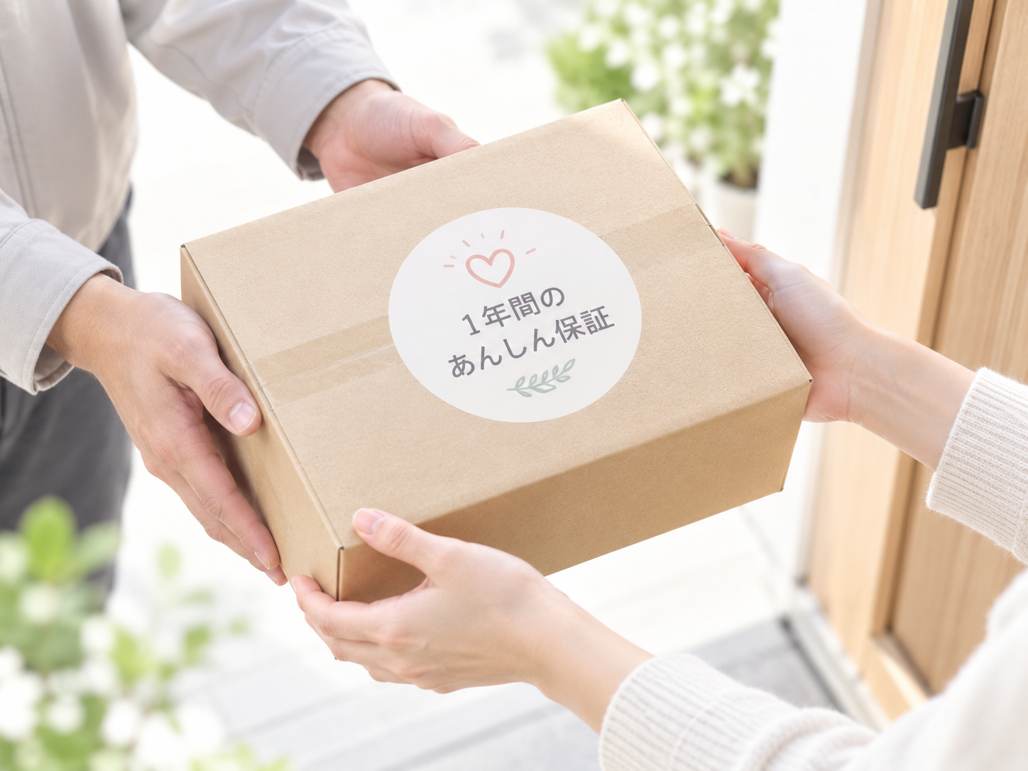 あんしん保証を表す、玄関で荷物を手渡す場面のイメージ