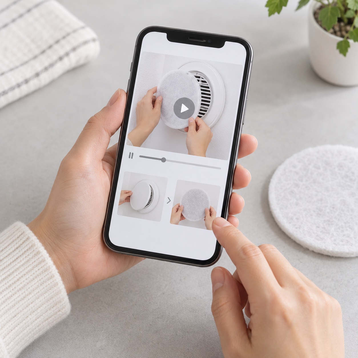 スマートフォンでフィルターの交換手順を確認する様子の説明用イメージ